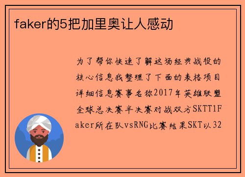 faker的5把加里奥让人感动